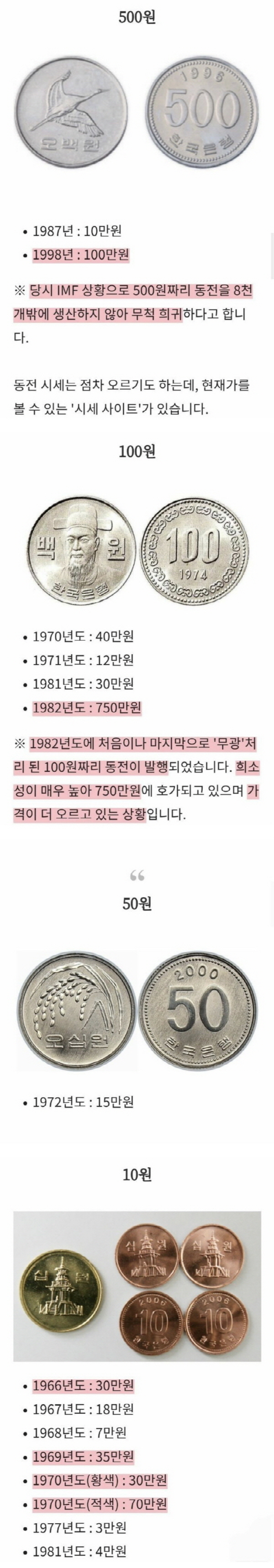 년도별 동전들 시세